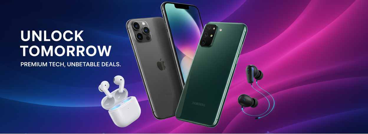 make an image for electrons store frontpage vibrant, attractive, showing iphones, samsung smartphones earbuds bacground color dynamic fit to screen not big one